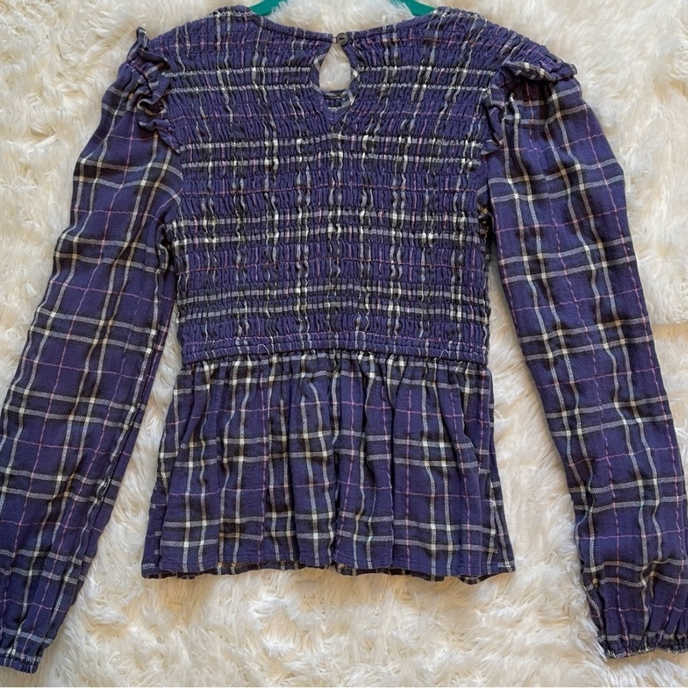 She & Sky Smocked Plaid Blouse Cottagecore Academia Peplum Puff Sleeve Sz S - Picture 3 of 7